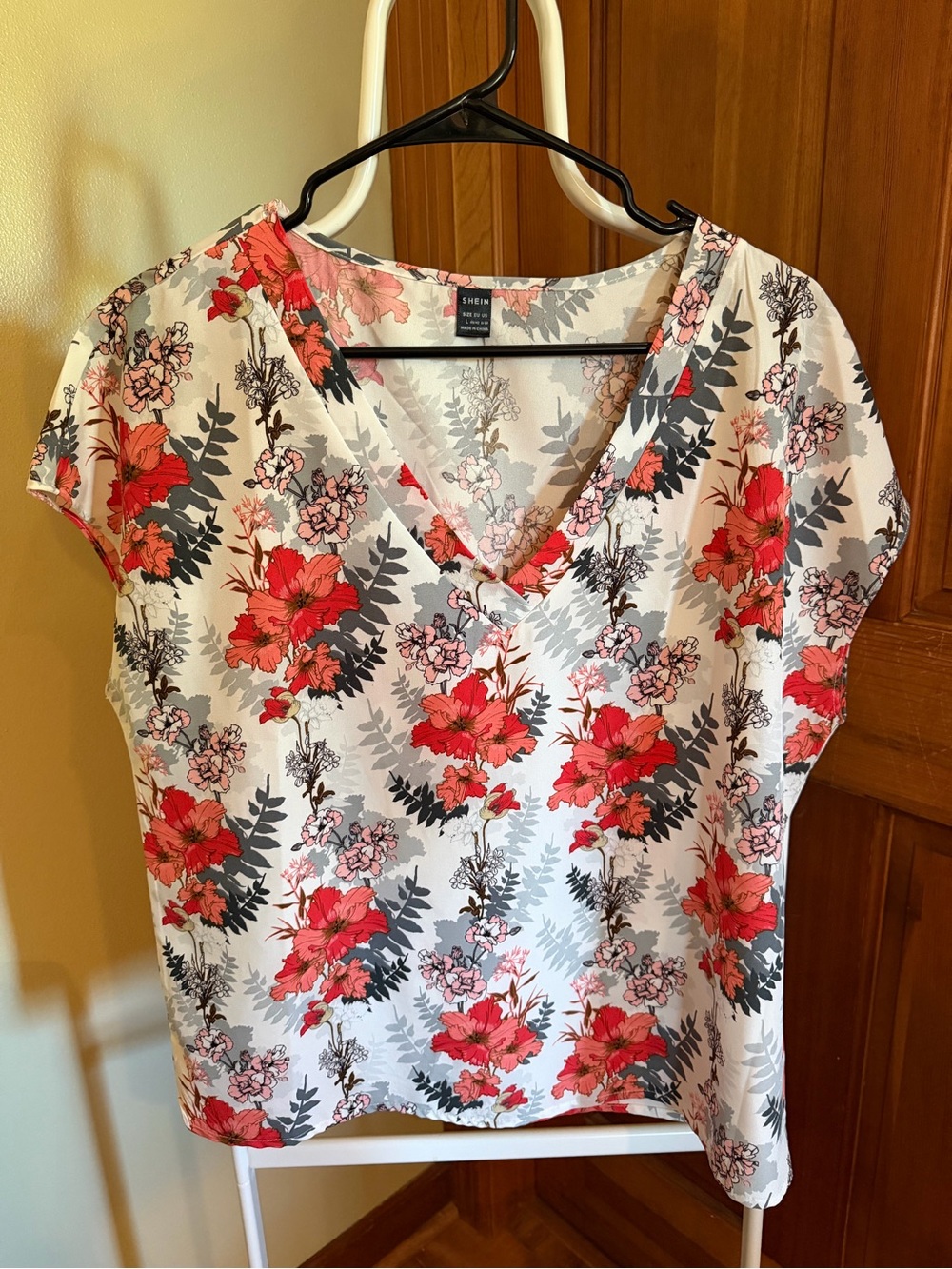 SHEIN White Top with Red Floral Print and Gray Leaves